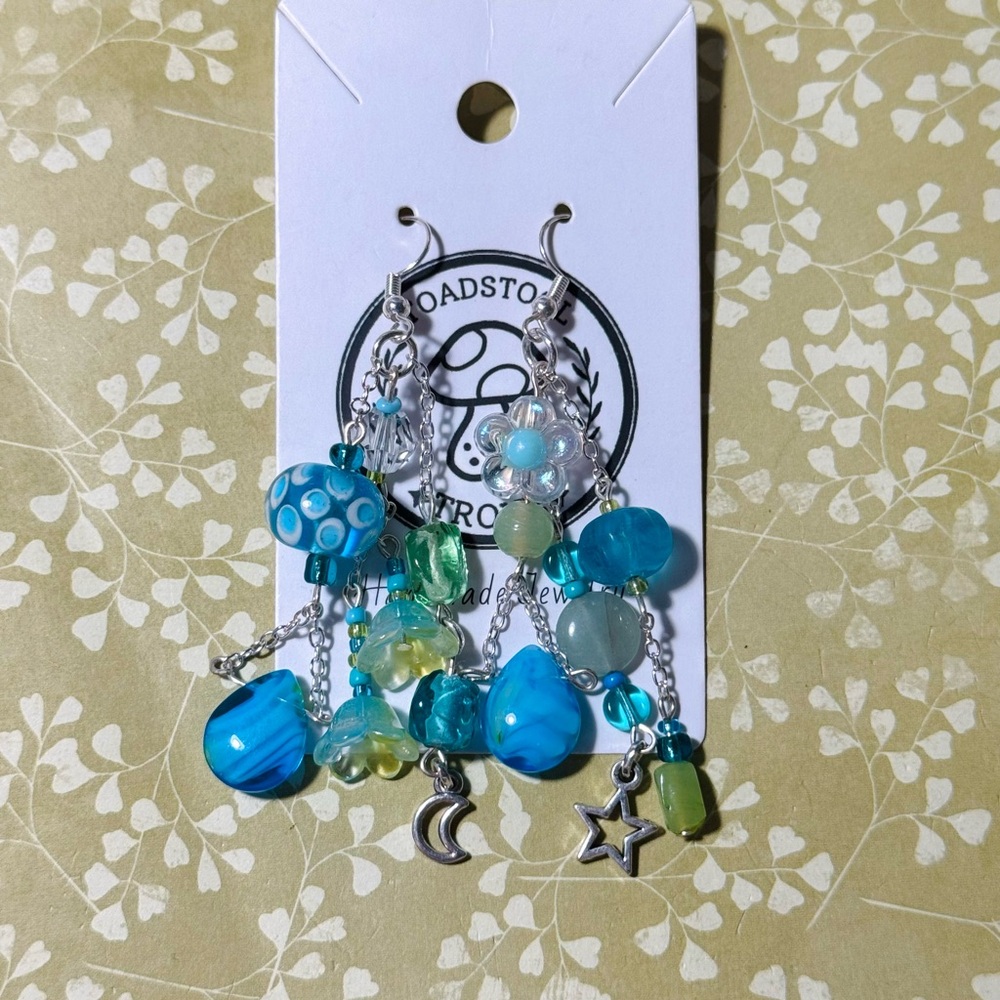 Blue and Green Mismatched Beaded Earrings with Charms